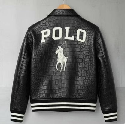 Men's Polo Ralph Lauren Black 100% Genuine Crocodile Embossed Leather Motorcycle Bomber Jacket