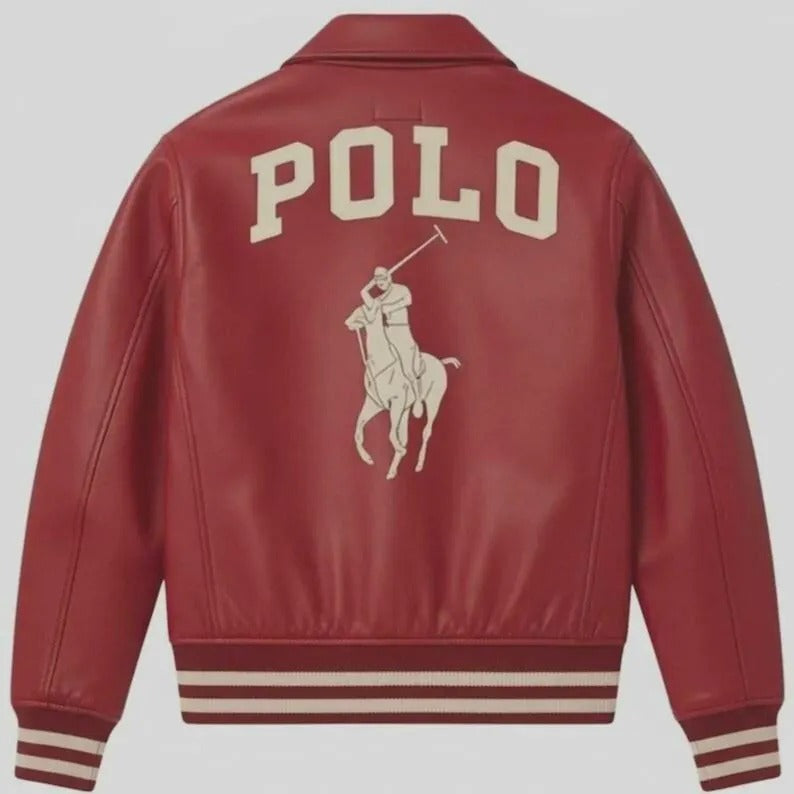 Red Leather Varsity Jacket for Men – Polo Rider Embroidered Bomber