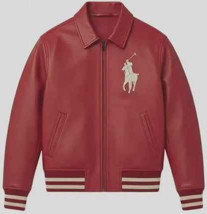 Red Leather Varsity Jacket for Men – Polo Rider Embroidered Bomber