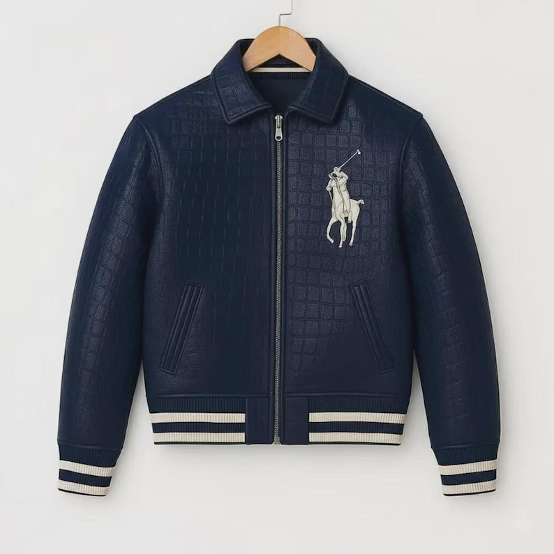 Custom Polo leather Jacket, Cowhide Bomber Leather Jacket