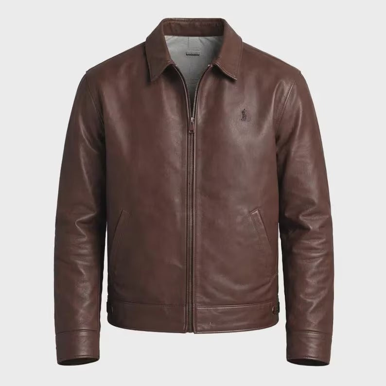 Men's Brown Leather Jacket, Vintage Polo Inspired Biker Coat, Custom Tailored Fit