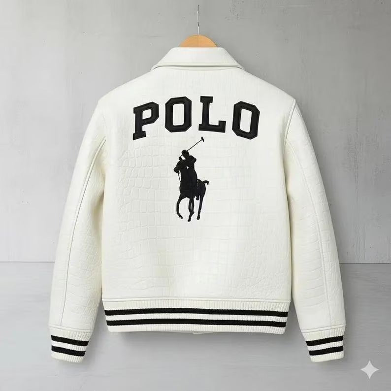 Polo leather Jacket White Cowhide Leather Bomber Jacket Polo Embroidered Jacket for Men
