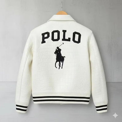 Polo leather Jacket White Cowhide Leather Bomber Jacket Polo Embroidered Jacket for Men