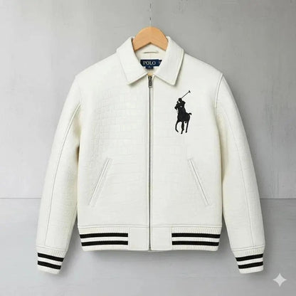 Polo leather Jacket White Cowhide Leather Bomber Jacket Polo Embroidered Jacket for Men