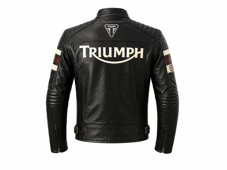 Men's Black Leather Motorcycle Jacket – Triumph Cafe Racer Biker Style Quilted Shoulders