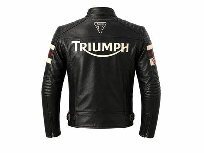 Men's Black Leather Motorcycle Jacket – Triumph Cafe Racer Biker Style Quilted Shoulders