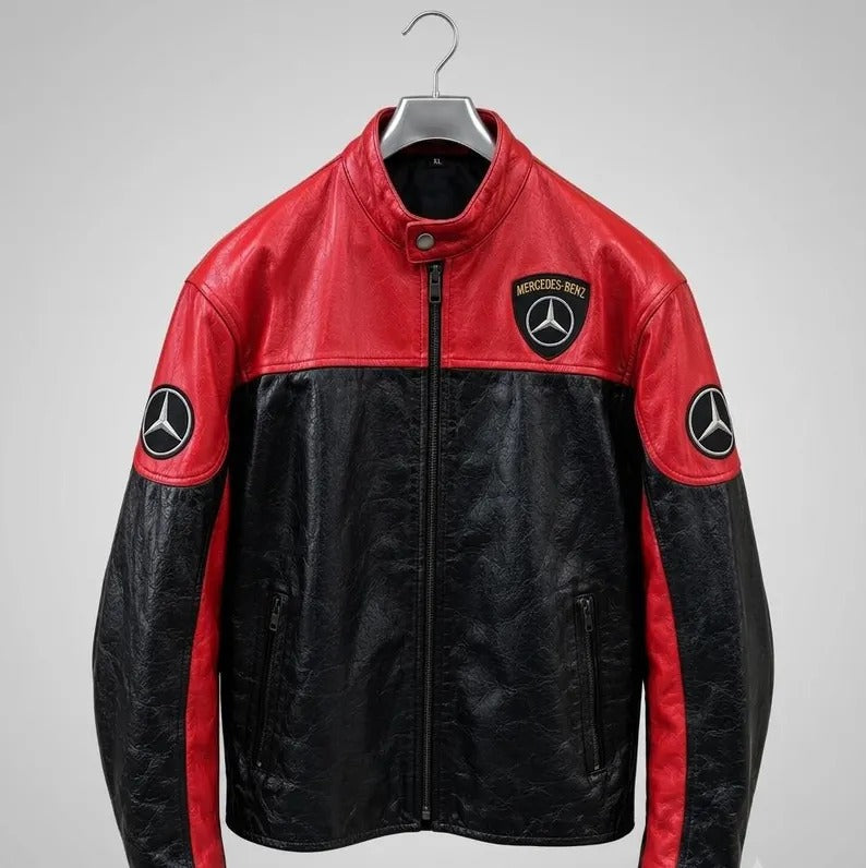 Mercedes-Benz Racing Leather Jacket, Red Black Biker Motorcycle Jacket Men