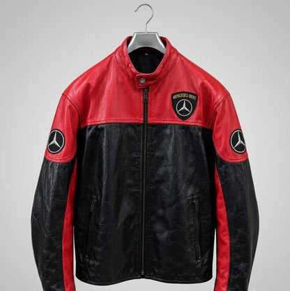 Mercedes-Benz Racing Leather Jacket, Red Black Biker Motorcycle Jacket Men