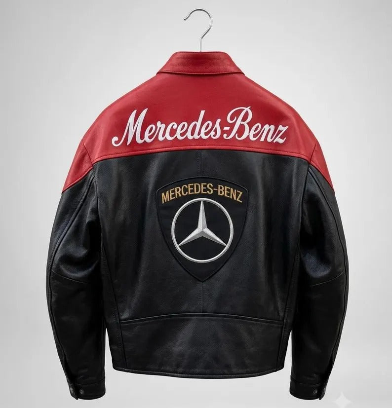 Mercedes-Benz Racing Leather Jacket, Red Black Biker Motorcycle Jacket Men