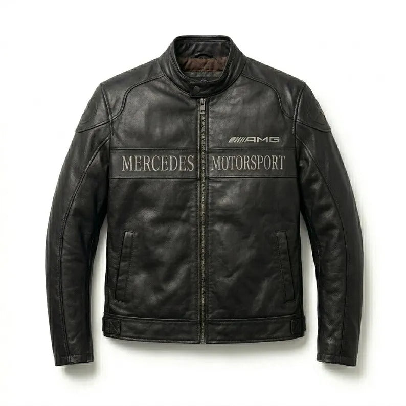 Mercedes Motorsport AMG Leather Jacket: Vintage Biker Streetwear Cafe Racer
