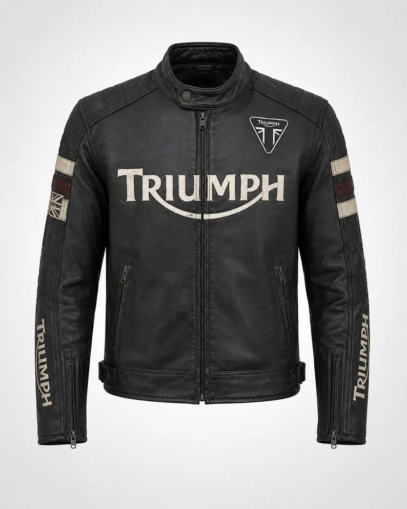 Men's Triumph Leather Motorcycle Jacket | Union Jack British Racing Biker Coat