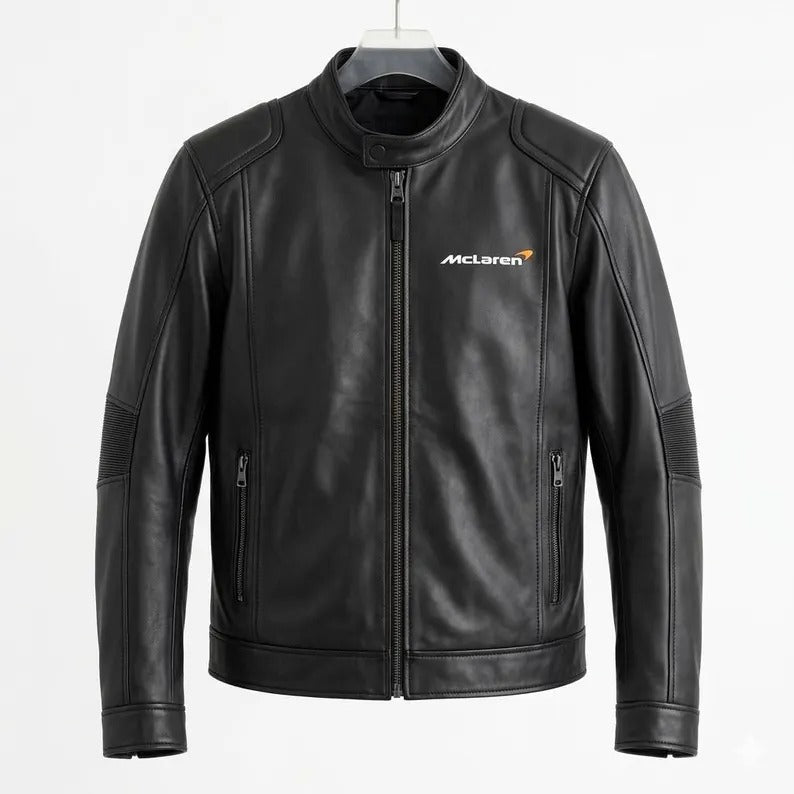 McLaren Inspired Black Leather Jacket for Men Women, Classic Racing Motorsport Style Fan Gift