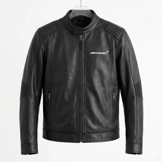 McLaren Inspired Black Leather Jacket for Men Women, Classic Racing Motorsport Style Fan Gift