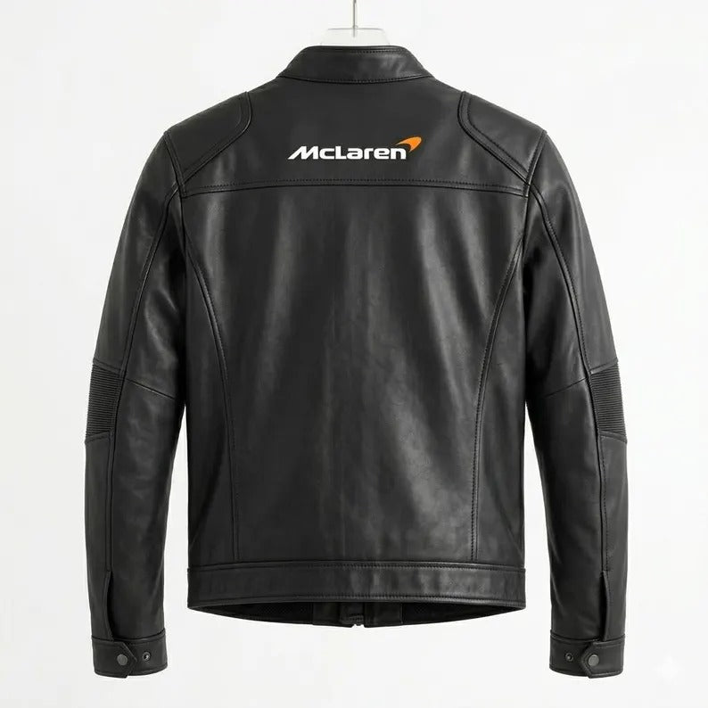 McLaren Inspired Black Leather Jacket for Men Women, Classic Racing Motorsport Style Fan Gift