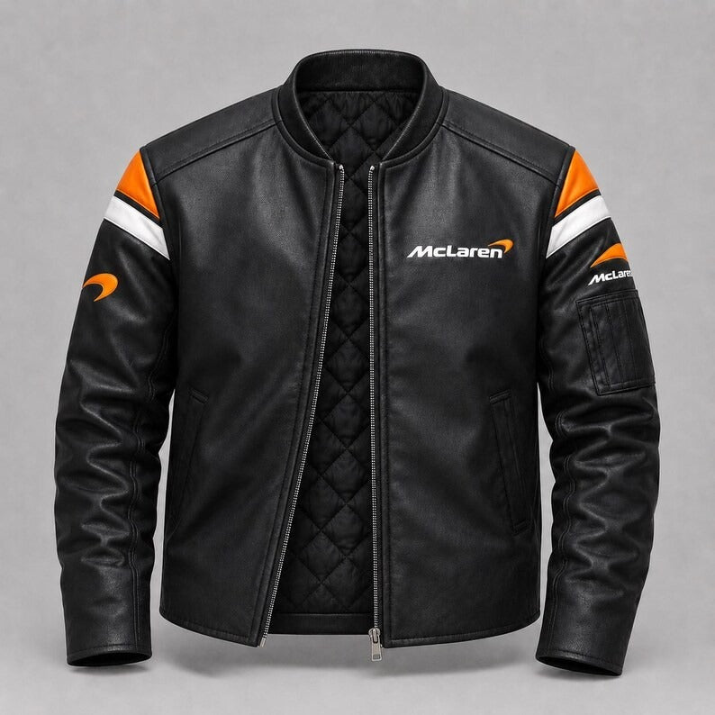 Mclaren Vintage Motorsport Racing Leather Jacket, 90s Inspired Unisex Biker Jacket with Embroidered Patches