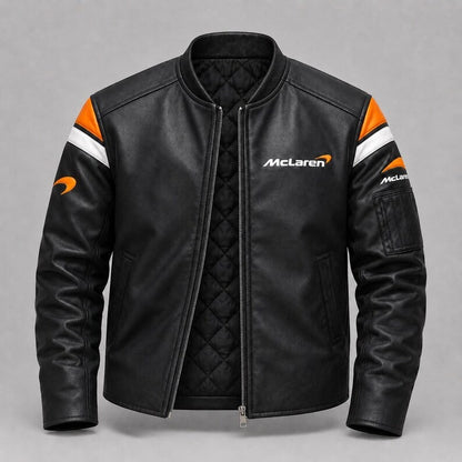 Mclaren Vintage Motorsport Racing Leather Jacket, 90s Inspired Unisex Biker Jacket with Embroidered Patches