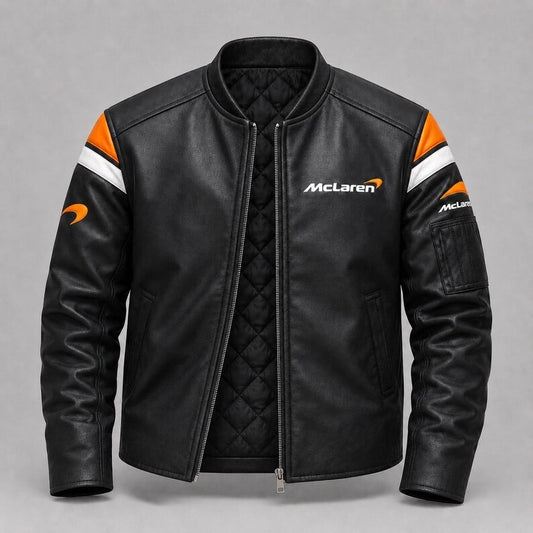 Mclaren Vintage Motorsport Racing Leather Jacket, 90s Inspired Unisex Biker Jacket with Embroidered Patches
