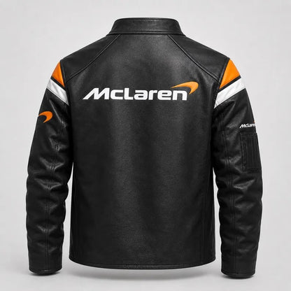 Mclaren Vintage Motorsport Racing Leather Jacket, 90s Inspired Unisex Biker Jacket with Embroidered Patches