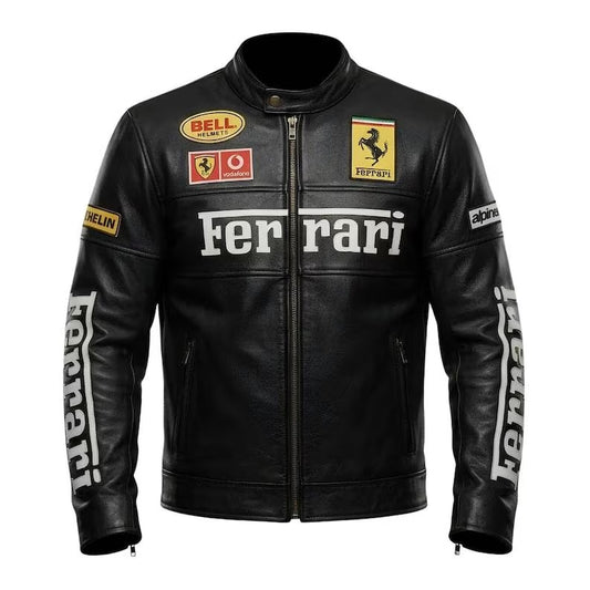 Vintage Ferrari Racing Leather Jacket Black Motorcycle Biker Jacket F1 Motorsport Retro Men’s Streetwear Coat