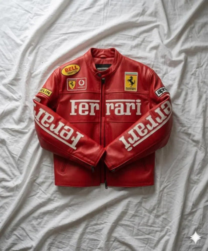 Ferrari Racing Leather Jacket Handmade Genuine Cowhide Biker Jacket Motorsport Motorcycle