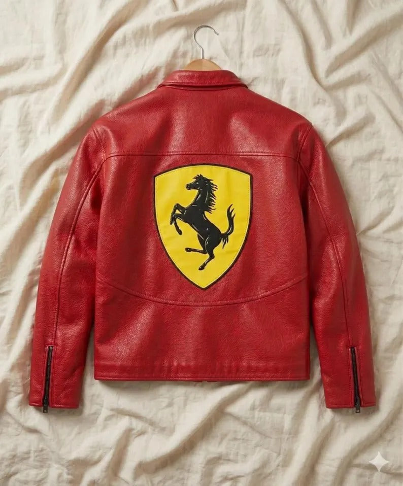 Ferrari Racing Leather Jacket Handmade Genuine Cowhide Biker Jacket Motorsport Motorcycle