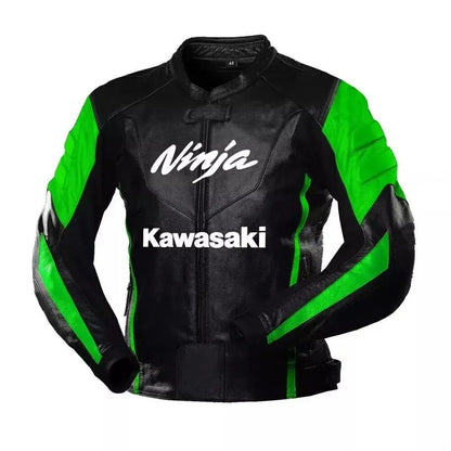 Kawasaki Ninja Black Green Racing Motorcycle Cowhide Leather Jacket