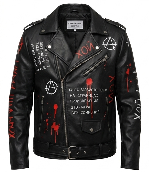Custom Punk Rock Biker Jacket | Anarchy Symbol & Russian Text | Real Leather Double Rider Coat