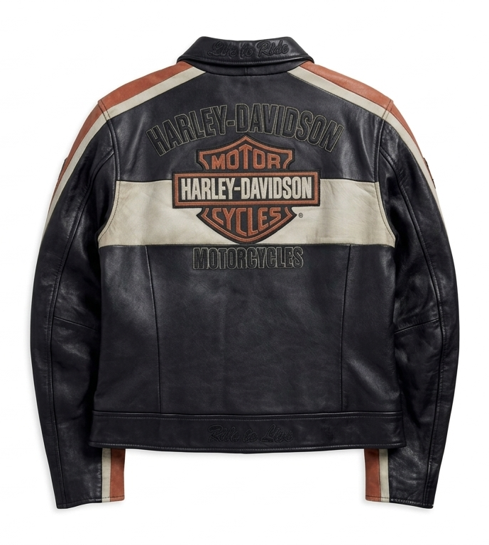Harley Davidson leather jacket with branding on a white background