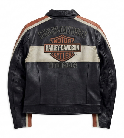 Harley Davidson leather jacket with branding on a white background