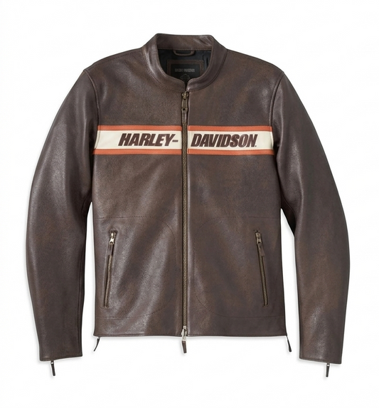 Harley-Davidson leather jacket with a prominent logo on a white background