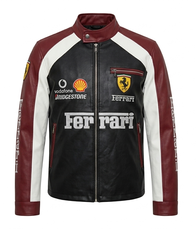 Handmade Ferrari F1 Racing Leather Jacket – Red Motorsport Biker Jacket