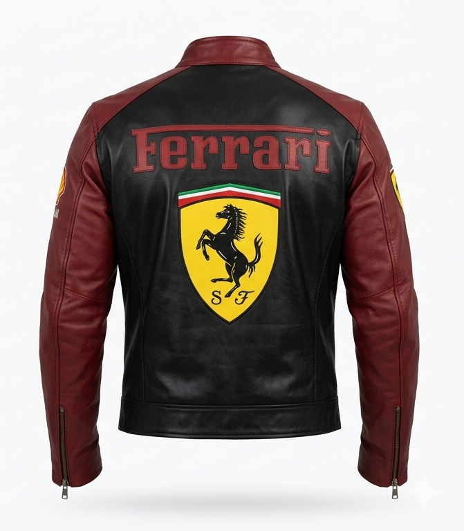 Handmade Ferrari F1 Racing Leather Jacket – Red and black Motorsport Biker Jacket