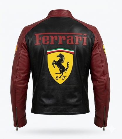 Handmade Ferrari F1 Racing Leather Jacket – Red and black Motorsport Biker Jacket
