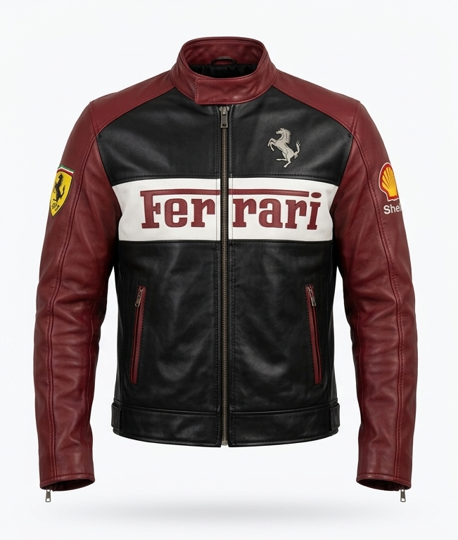 Handmade Ferrari F1 Racing Leather Jacket – Red and black Motorsport Biker Jacket