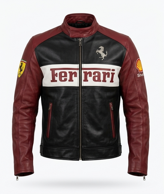 Handmade Ferrari F1 Racing Leather Jacket – Red and black Motorsport Biker Jacket