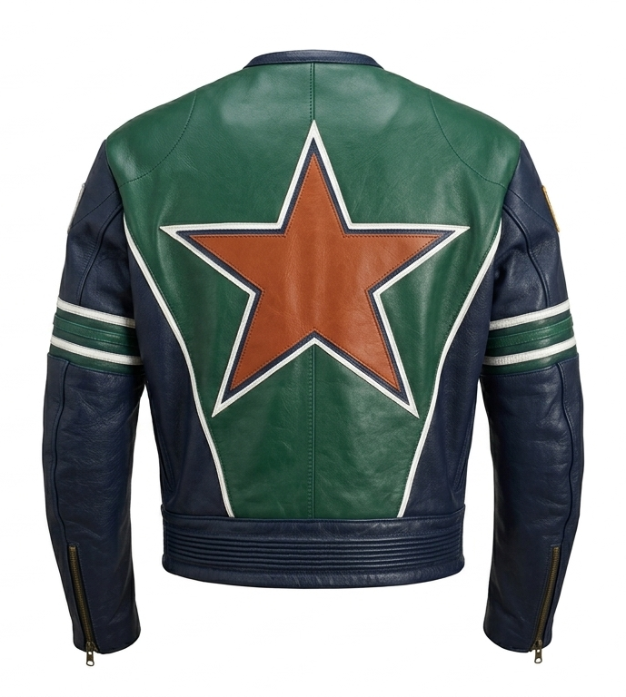 Vanson Star Motorcycle Jacket, Genuine Cowhide Leather, Blue, Red & Green Leather