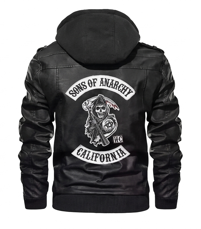 Men's Sons of Anarchy Leather Jacket – SOA Hooded Black SAMCRO Motorcycle Bomber jacket