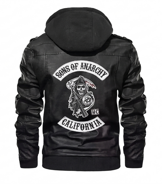Men's Sons of Anarchy Leather Jacket – SOA Hooded Black SAMCRO Motorcycle Bomber jacket