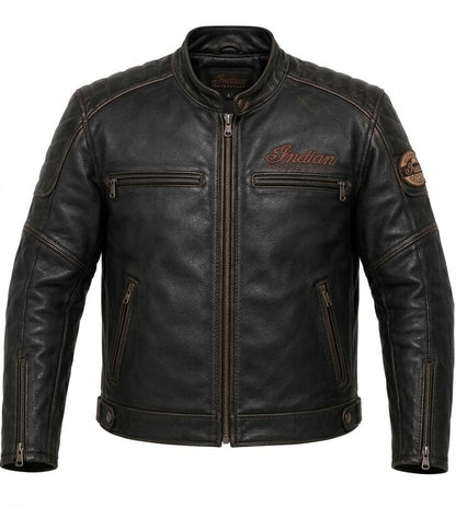 Men's Indian Style Motorcycle Leather Jacket Vintage Black Distressed Biker Coat