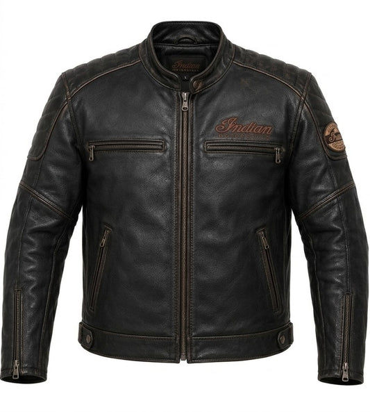 Men's Indian Style Motorcycle Leather Jacket Vintage Black Distressed Biker Coat