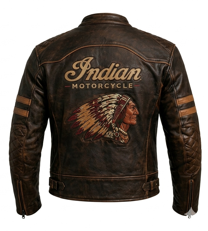 Indian Motorcycle Riding Jacket | Distressed Leather with Embroidered Logos