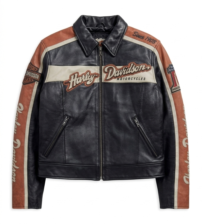 Harley Davidson leather jacket with branding on a white background