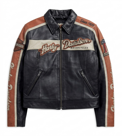 Harley Davidson leather jacket with branding on a white background