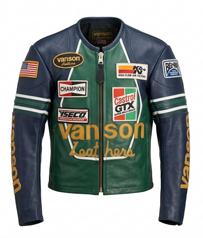Vanson Star Motorcycle Jacket, Genuine Cowhide Leather, Blue, Red & Green Leather