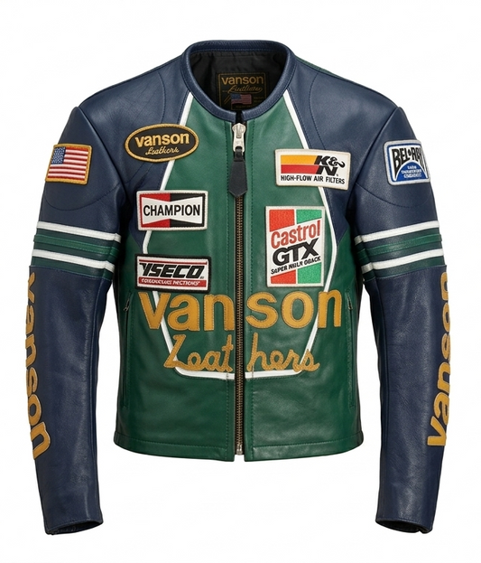 Vanson Star Motorcycle Jacket, Genuine Cowhide Leather, Blue, Red & Green Leather