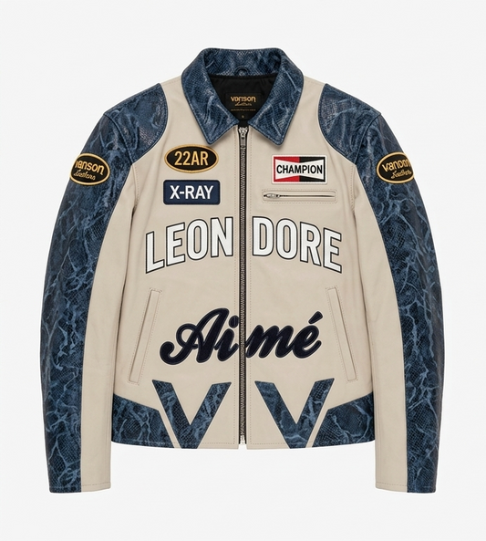 Aimé Leon Dore x Vanson Black Cowhide Leather Racing Jacket Moto Biker Coat