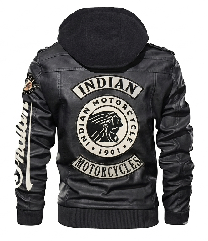 Indian Motorcycle Leather Jacket with Hood Men's Black Biker Rider Vintage Coat