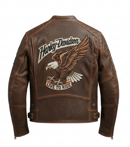 Brown leather jacket with Harley-Davidson logo and eagle emblem on a white background