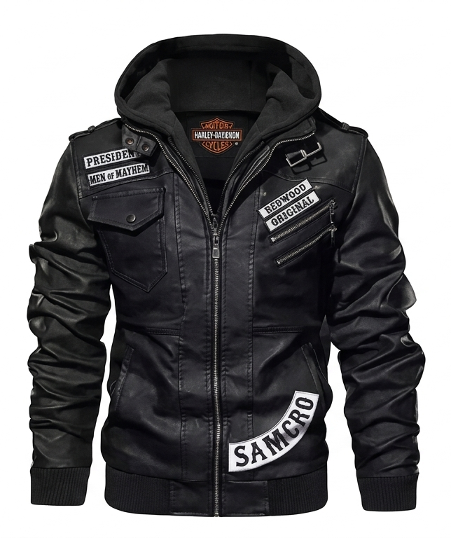 Men's Sons of Anarchy Leather Jacket – SOA Hooded Black SAMCRO Motorcycle Bomber jacket