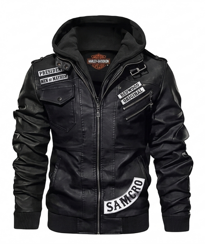 Men's Sons of Anarchy Leather Jacket – SOA Hooded Black SAMCRO Motorcycle Bomber jacket